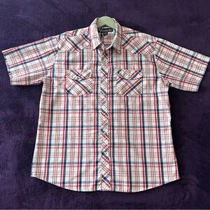 Men's Short-Sleeve Red White & Blue Plaid Snap Shirt.